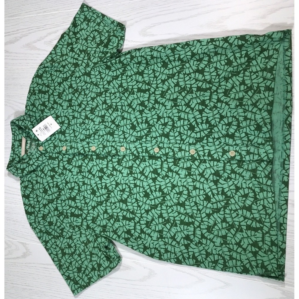 L.L. Bean Short Sleeve Shirt M Woven Green Floral Lakewashed Performance New